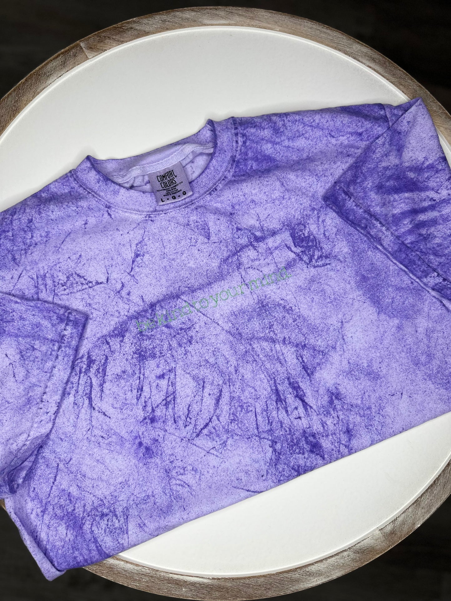 Be kind to your mind embroidered on a Amethyst Comfort Colors tshirt
