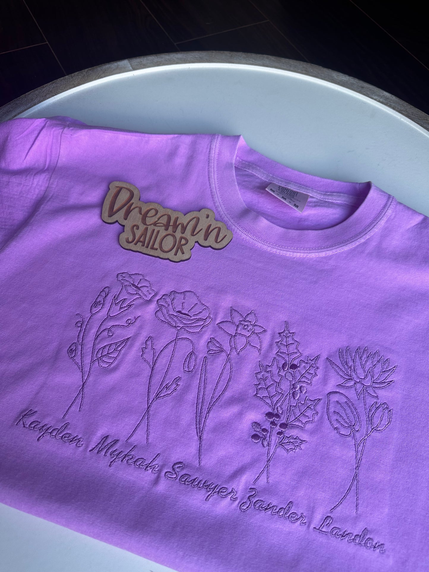 Birth flowers embroidered on Comfort Colors tshirt