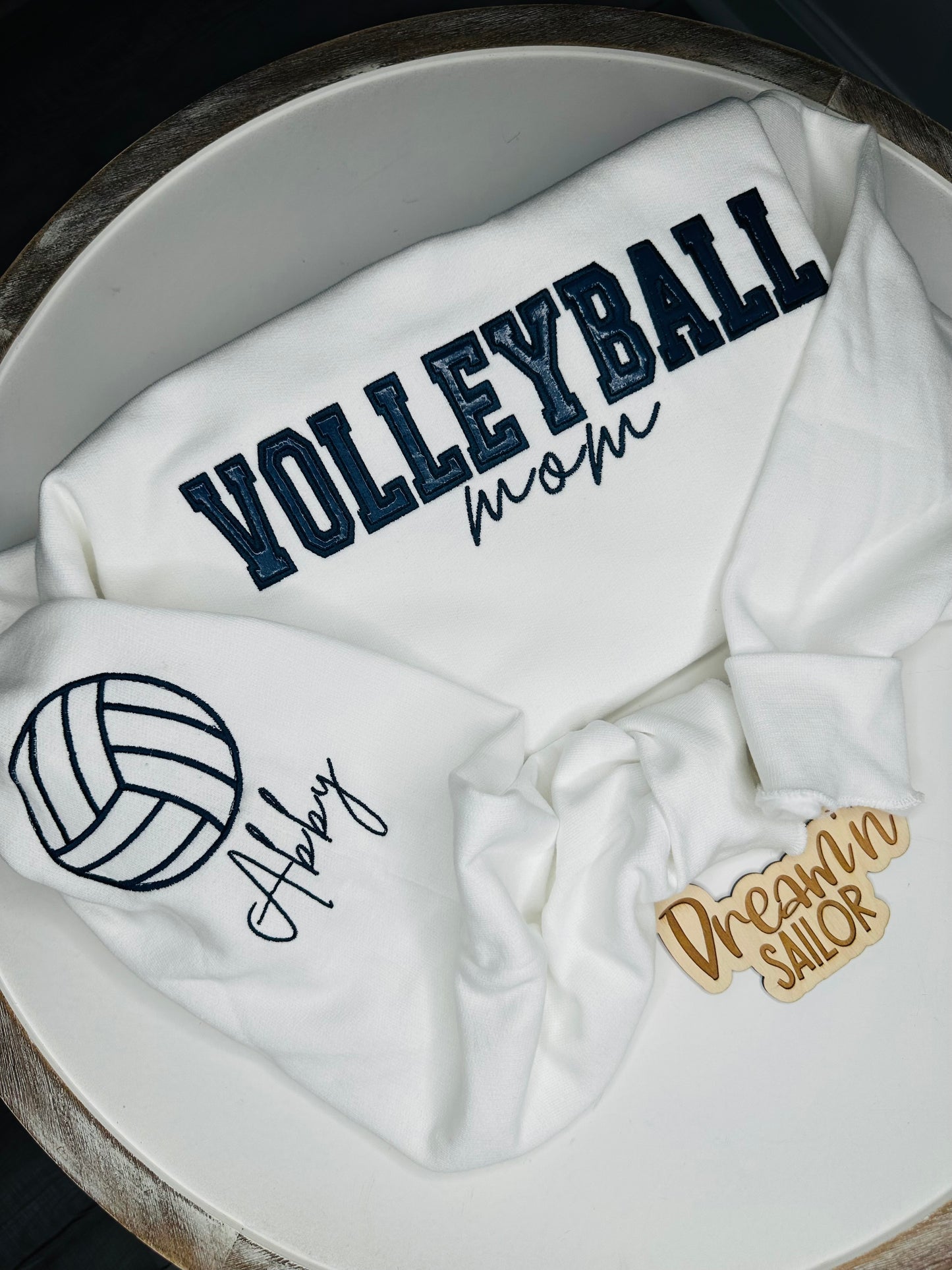 Custom embroidered Volleyball mom crewneck sweatshirt with or without vinyl.