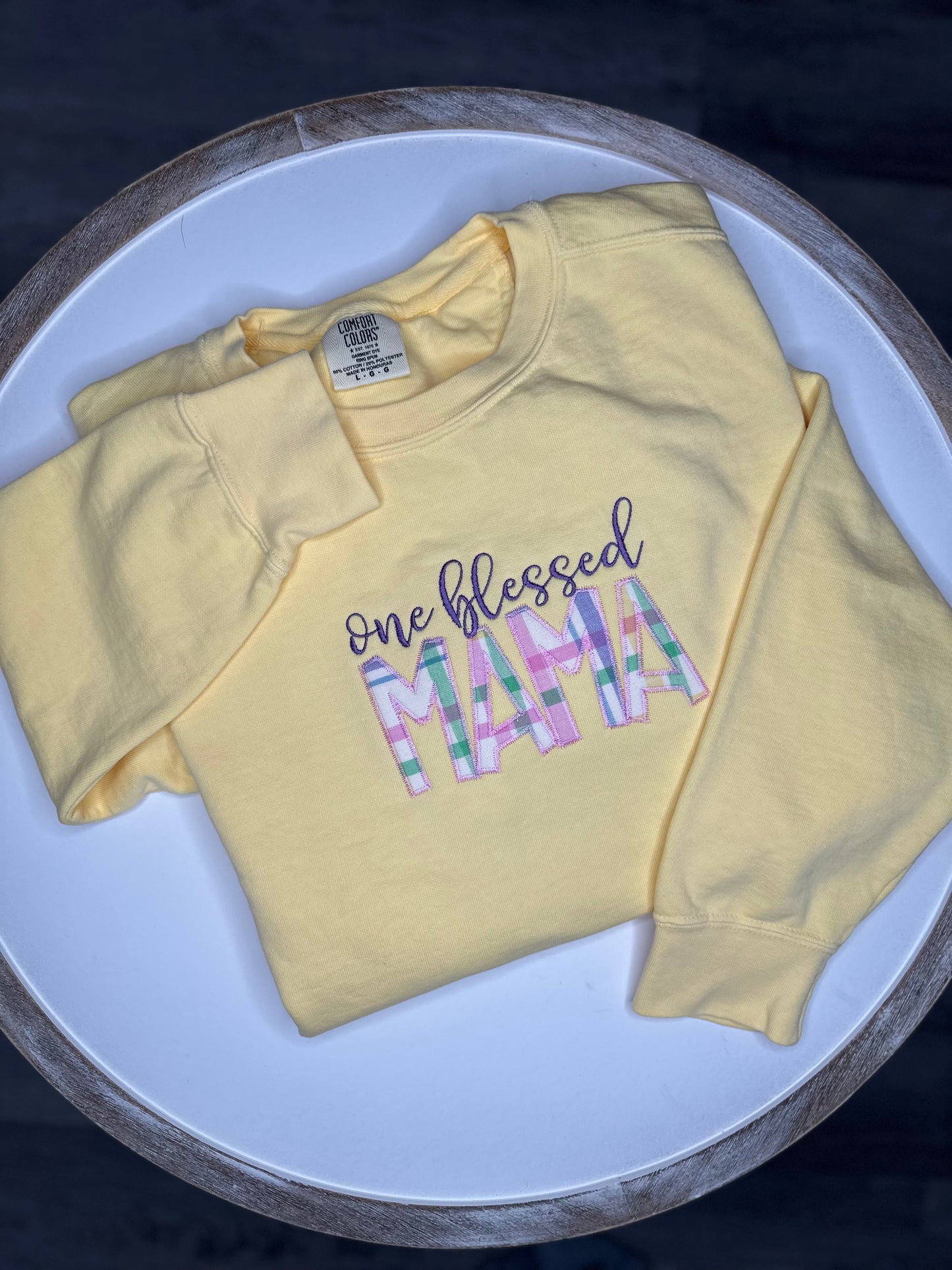 One Blessed Mama Appliqué on Butter Comfort Colors crewneck sweatshirt