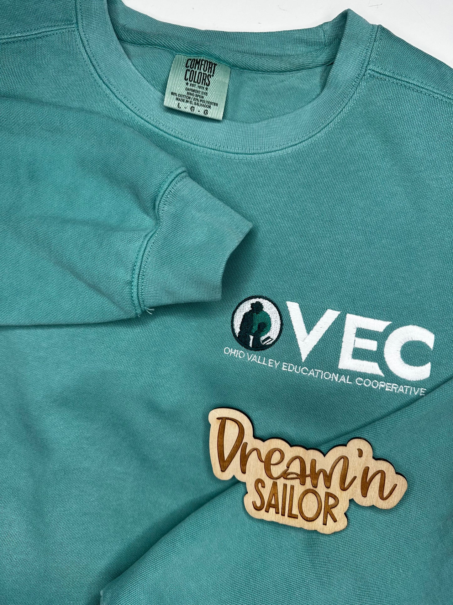 OVEC embroidered on Comfort Colors Seafoam color crewneck sweatshirt