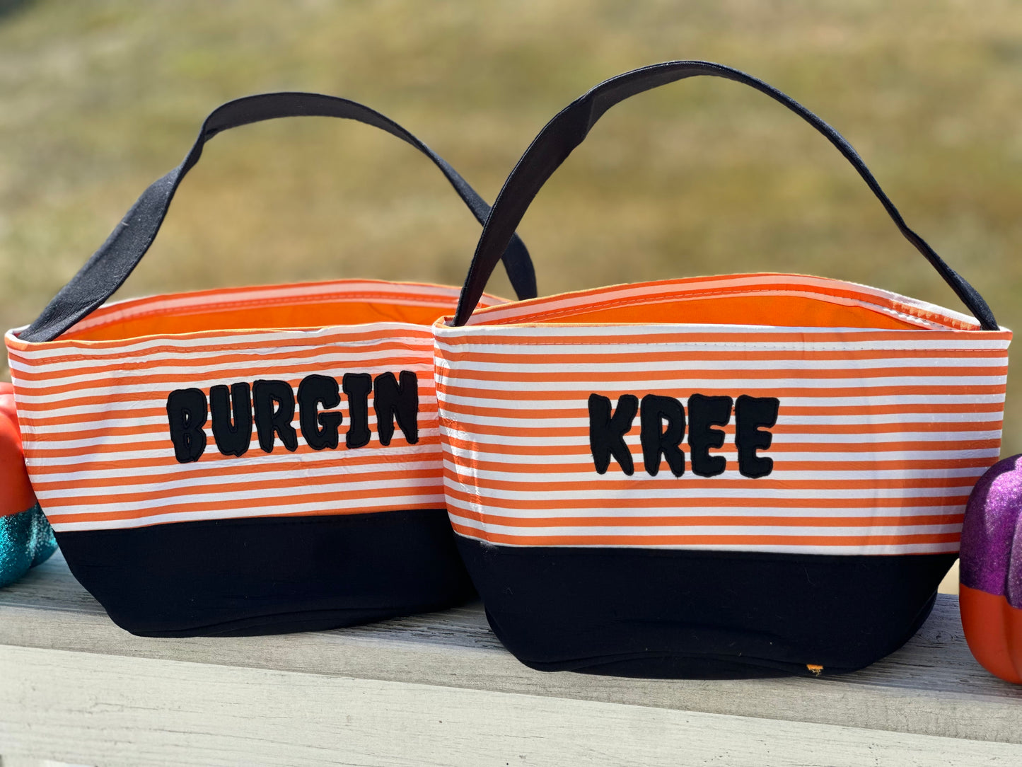 Custom name embroidered on Halloween Trick or Treat baskets