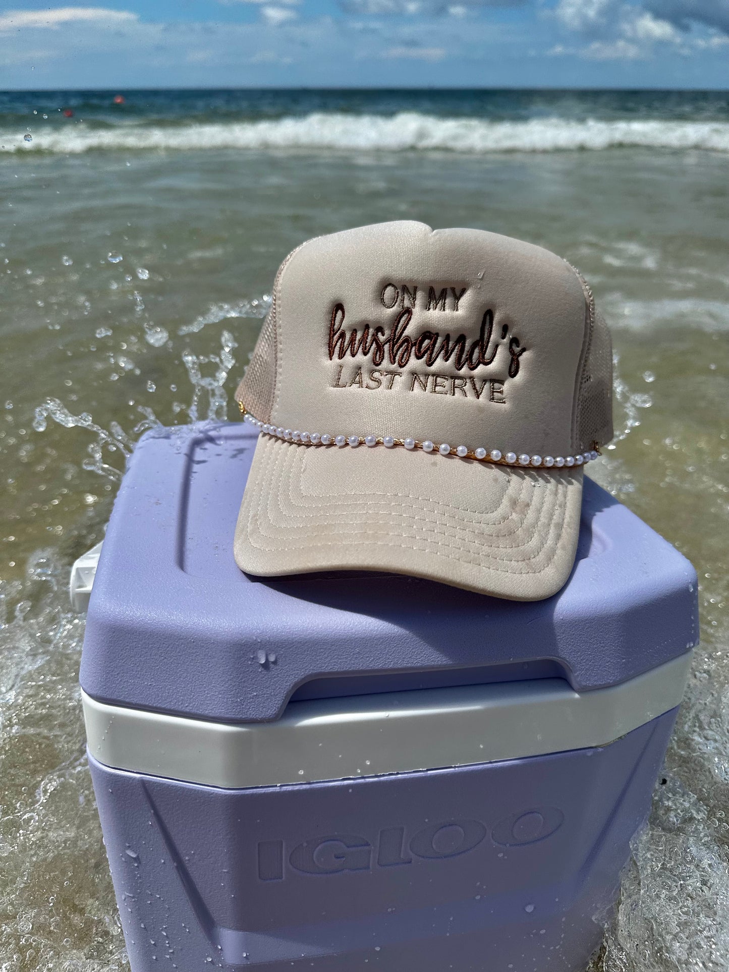Trucker hat embroidered with On my Husbands last nerve