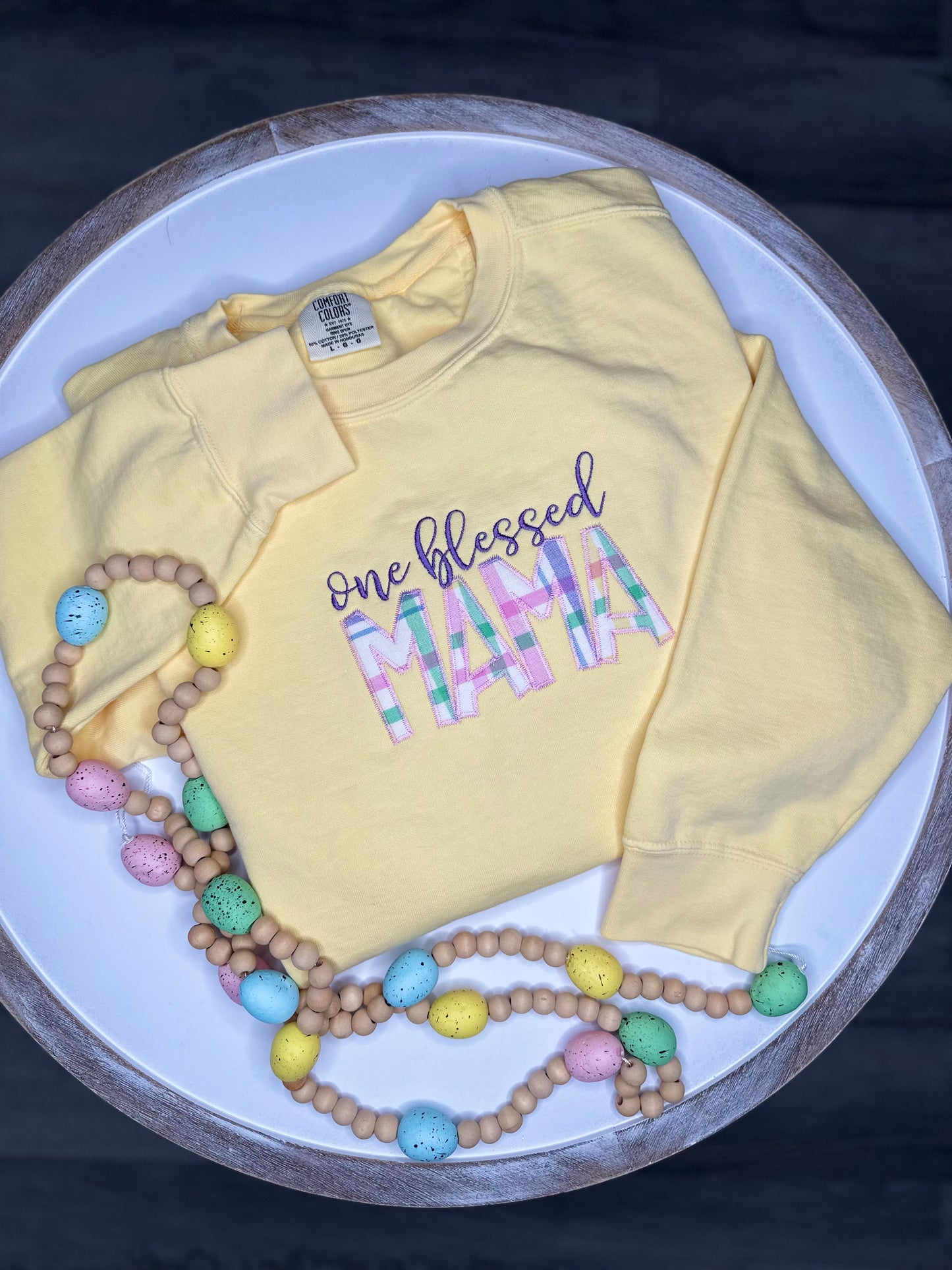 One Blessed Mama Appliqué embroidered crewneck sweatshirt.