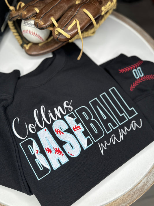 Custom Baseball Mama crewneck sweatshirt with a personalized sleeve.