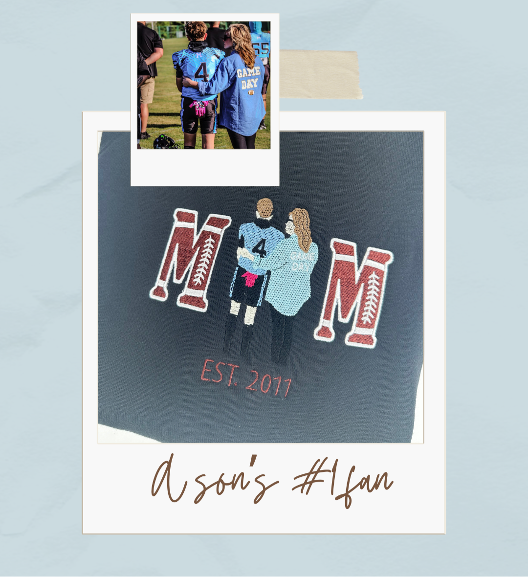 Custom mom crewneck sweatshirt with picture embroidered as the “o” and M’s in football font.