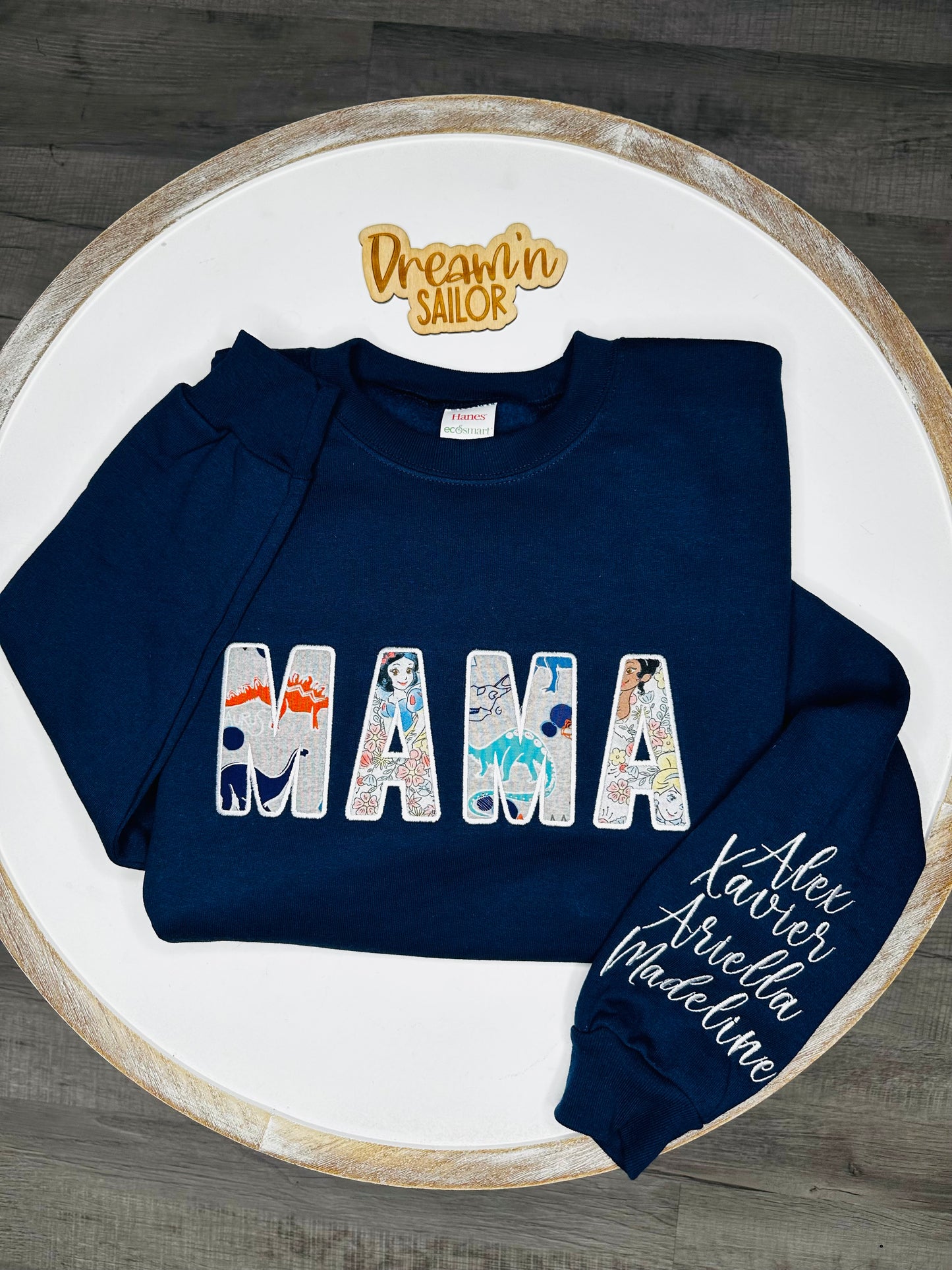 Custom Embroidered Mama appliqué with fabric.