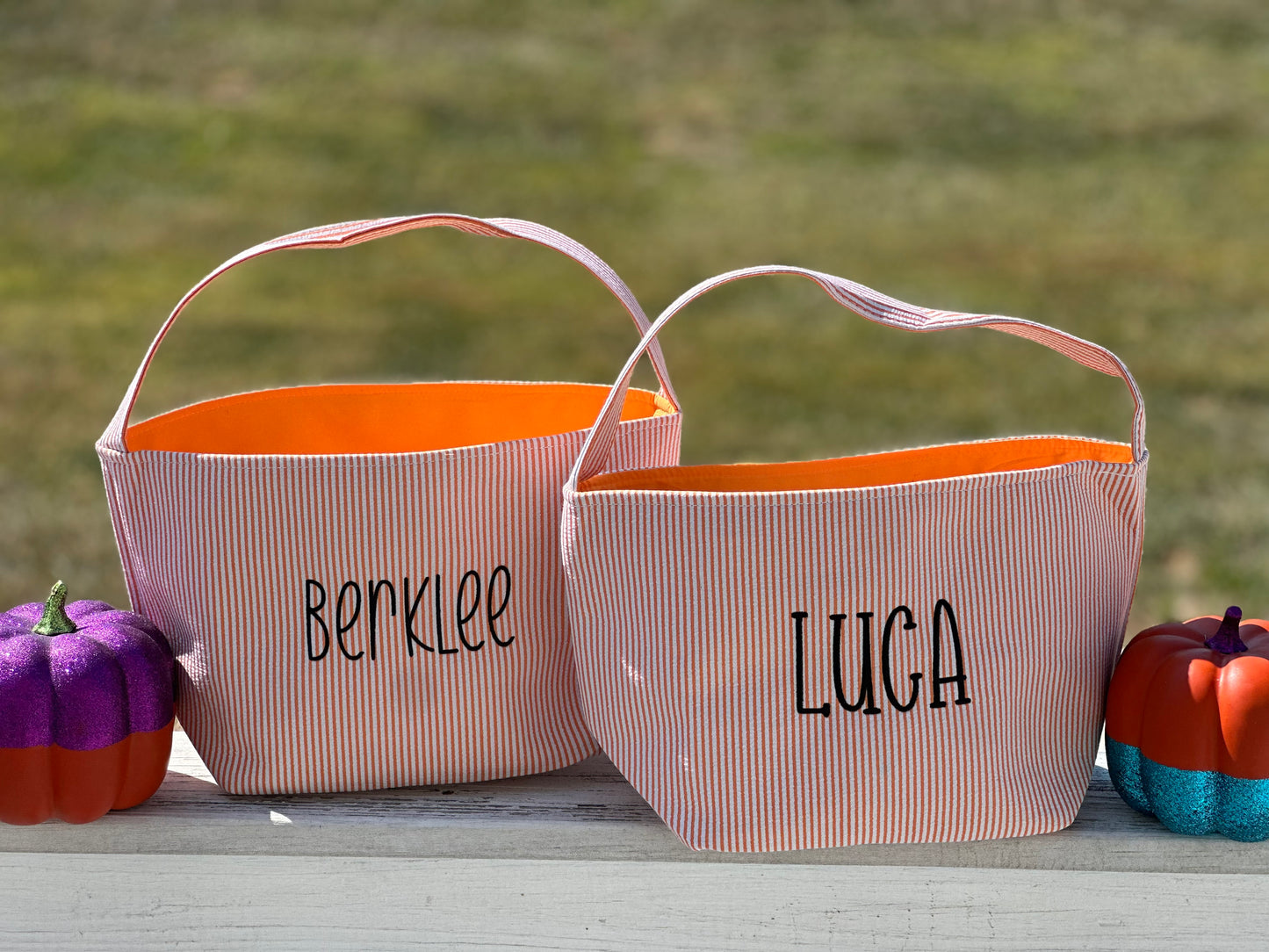 Custom name embroidered on Halloween Trick or Treat baskets