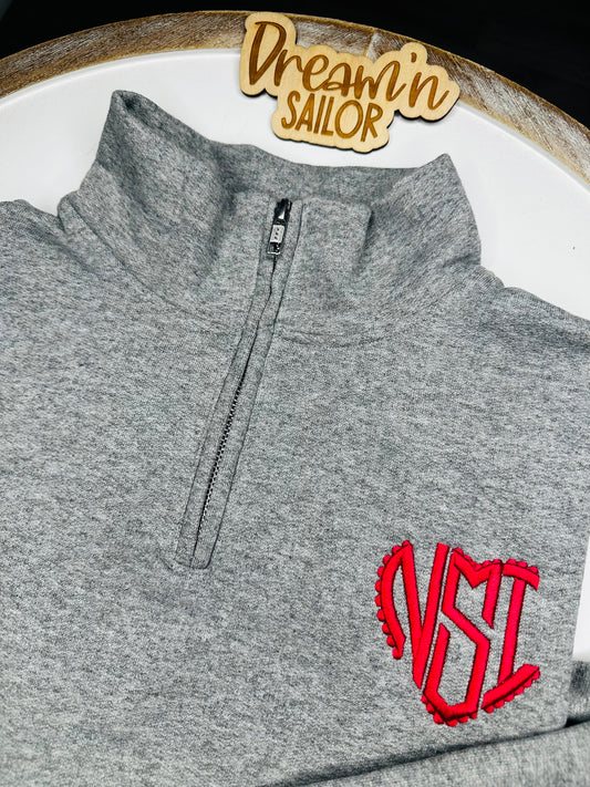 Custom Heart Monogram Embroidered quarter zip sweatshirt