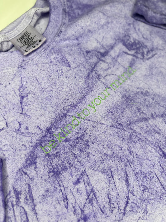 Be kind to your mind embroidered on a Amethyst Comfort Colors tshirt