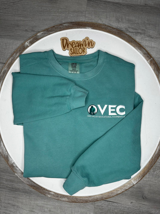 OVEC embroidered on Comfort Colors Seafoam color crewneck sweatshirt