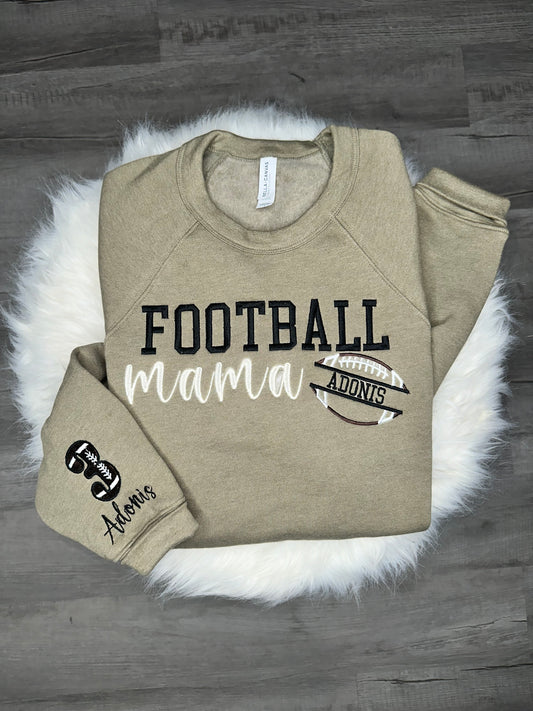 Custom embroidered Football Mama crewneck sweatshirt with personalized sleeve.