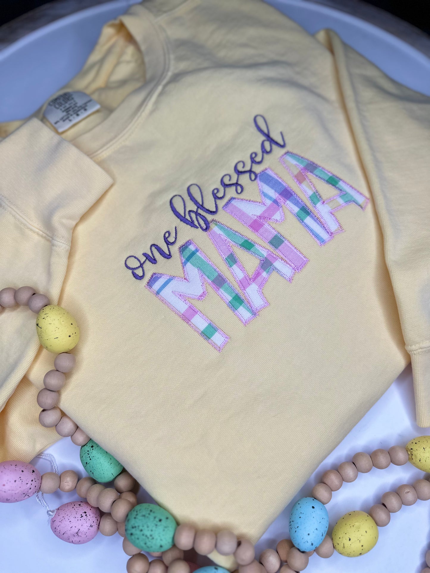 One Blessed Mama Appliqué embroidered crewneck sweatshirt.