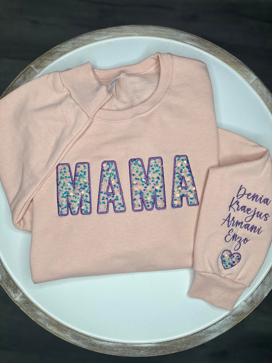 Sequins Appliqué “Mama” embroidered crewneck sweatshirt.