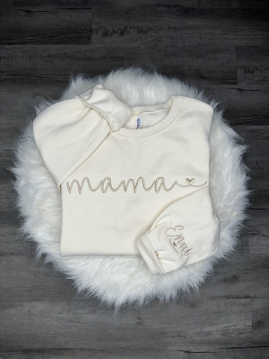 Custom Mama crewneck sweater with personalized name(s) on sleeve